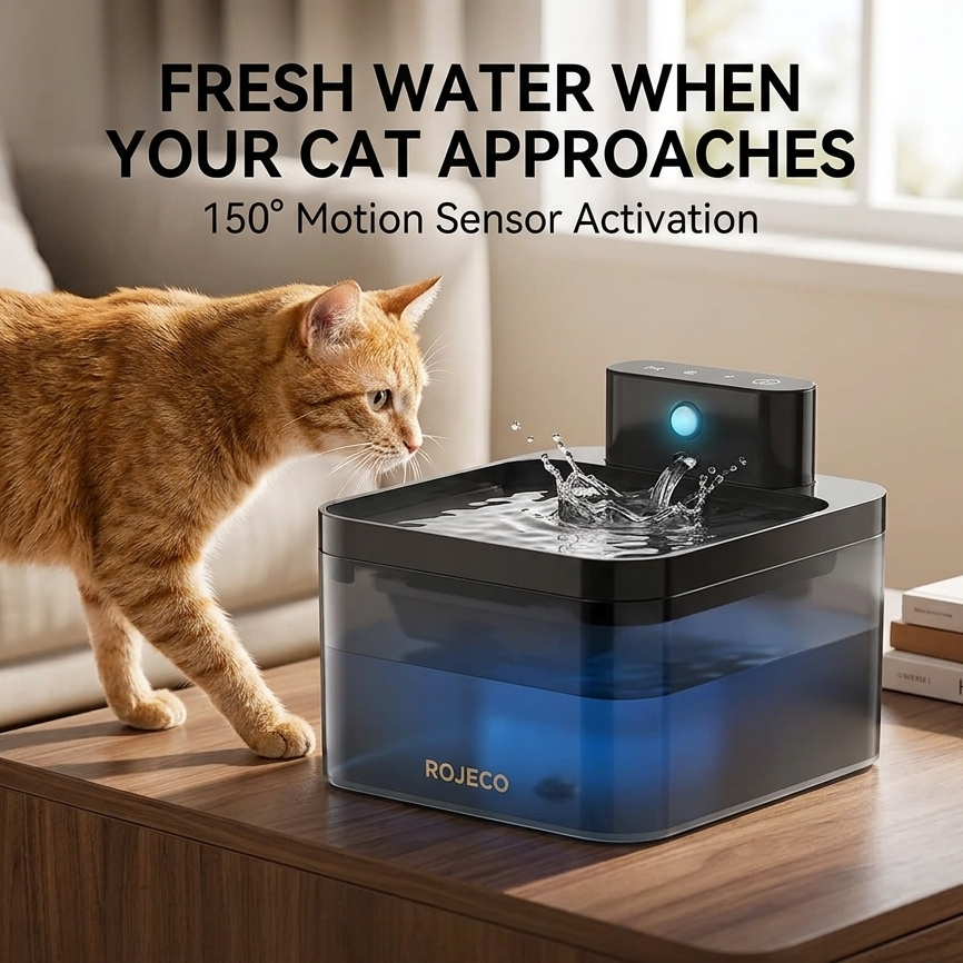 ROJECO Smart Cordless Cat Water Fountain - 2.2L Rechargeable Automatic Pet Hydration System