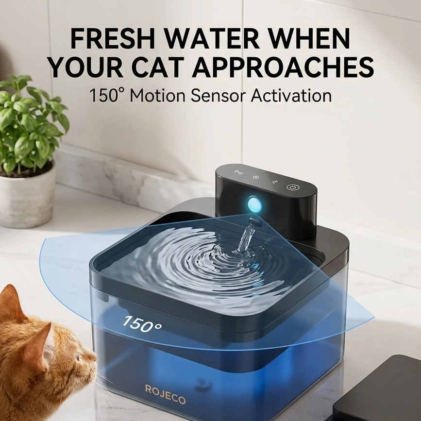 ROJECO Smart Cordless Cat Water Fountain - 2.2L Rechargeable Automatic Pet Hydration System